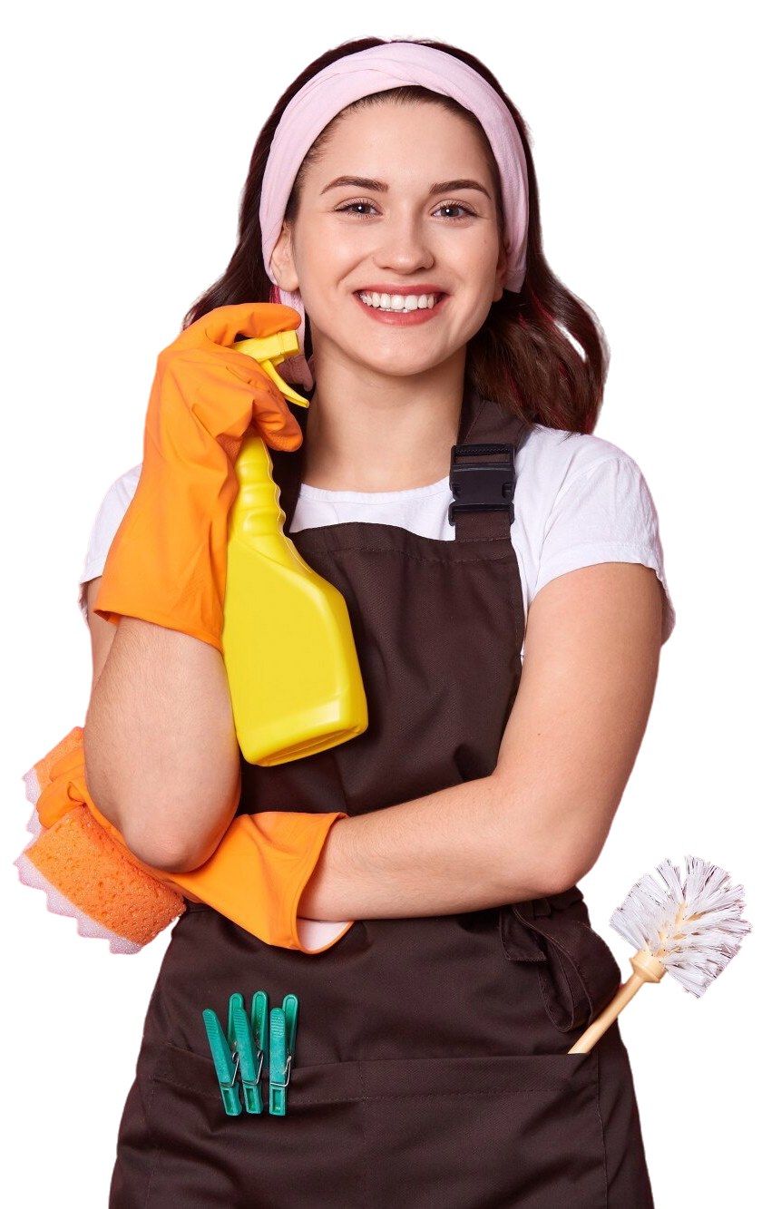 housekeeper holding bottle with cleaner liquid hands